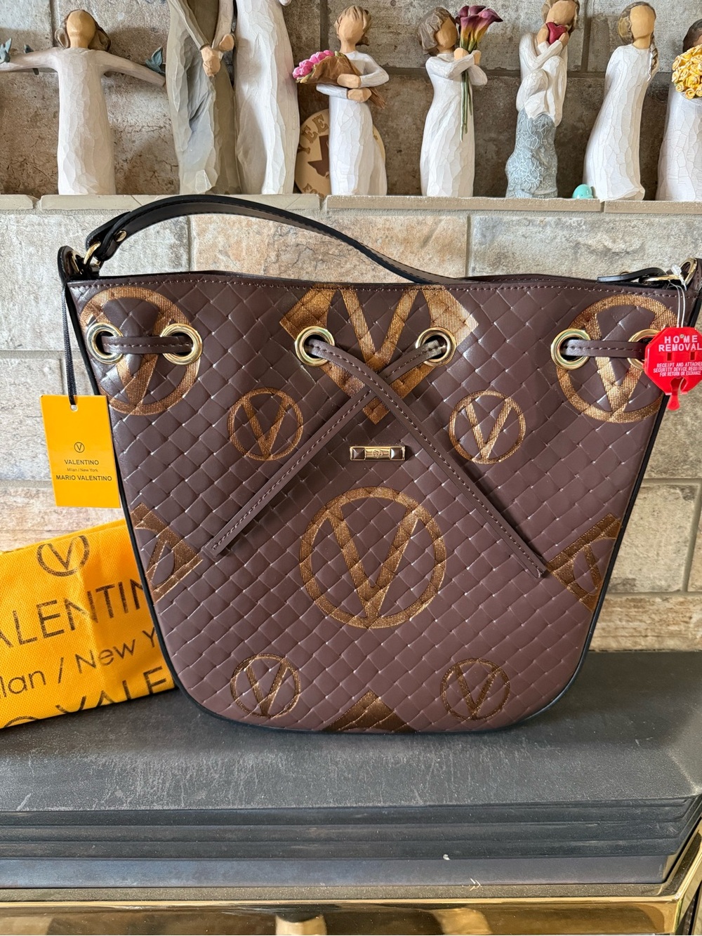 Valentino Chocolate Brown Quilted Logo Drawstring Shoulder Bag